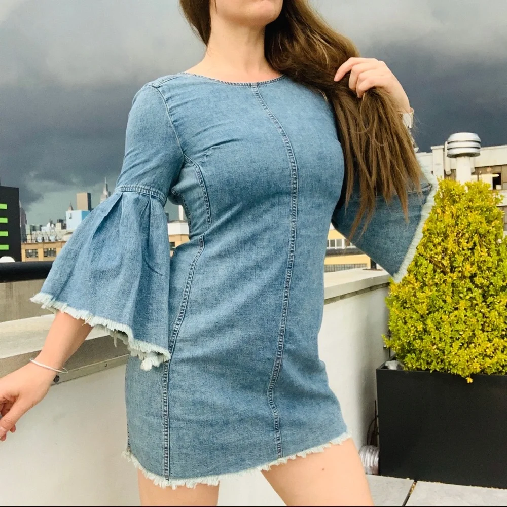 Free People Denim Fringed Raw Hem Flare Backless Dress - Picture 9 of 16